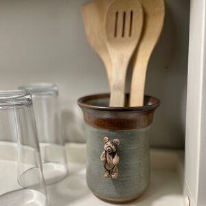 Handcrafted Ceramic Pottery Utensil Holder with Bear Design